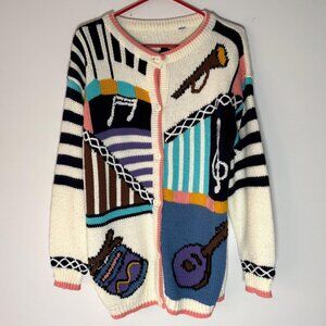 90s vintage music theme musical notes teacher novelty embroidered knit cardigan